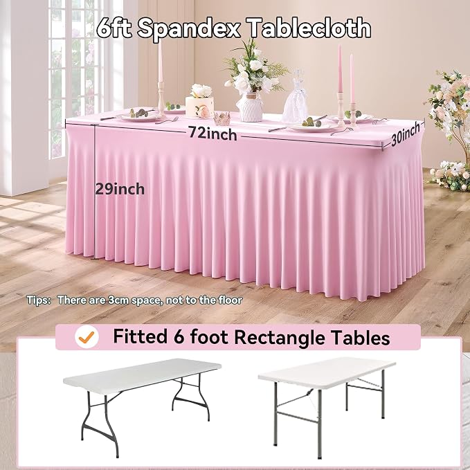 NSSONBEN 6 pk Baby Pink Spandex Tablecloth 6ft with Ruffle Table Skirt, Wrinkle Free Stretchy Fitted Tablecloths for 6 Foot Rectangle Tables, Elastic Spandex Table Covers for Weddings Parties Banquet
