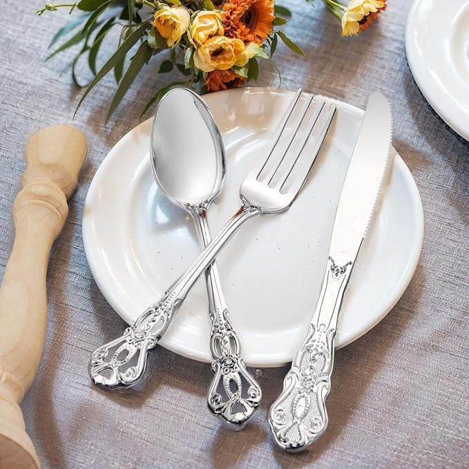 90PCS Silver Plastic Silverware - Heavy Duty Silver Disposable Cutley - Fancy Plastic Utensils Flatware Include 30 Forks, 30 Spoons, 30 Knives for Catering, Parties, Dinners, Weddings