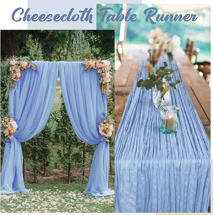 Buryeah 12 Pcs Cheesecloth Table Runner Boho Gauze Table Runner Bulk Rustic Cheese Long Romantic Runners for Wedding Bridal Shower Birthday Decor(Light Blue,28 x 120 Inch)