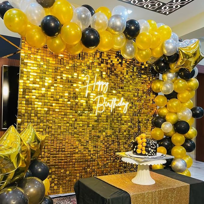 COKAOBE Gold Shimmer Wall Backdrop, 24PCS Square Sequin Shimmer Backdrop Panel, Photo Backdrops for Birthday, Anniversary, Wedding, Graduation & Bachelorette Party Decoration