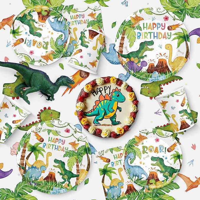 170 Pcs Dinosaur Birthday Decorations - Jungle Dino Party Supplies Sets, Includes Happy Birthday Dinner Plates Napkins, Flatware, Banners and Cups for Dinosaur Party Decorations Favors, Serves 24