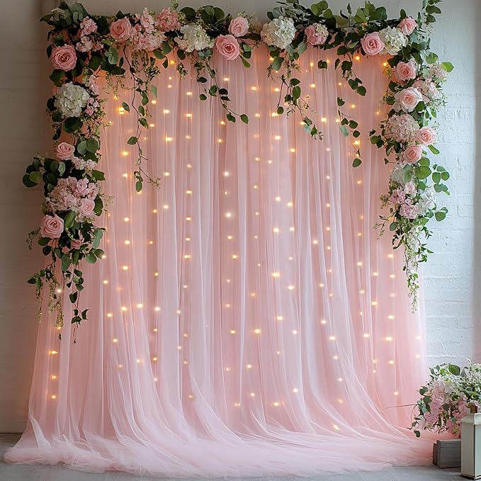 Tulle Curtain Backdrop with 300 LED Fairy Lights for Parites Wrinkle-Free Sheer Curtain Drapes Photo Back Drop for Wedding Baby Shower Bridal Shower Birthday Dance Home Décor - 10ft×10ft, Pink