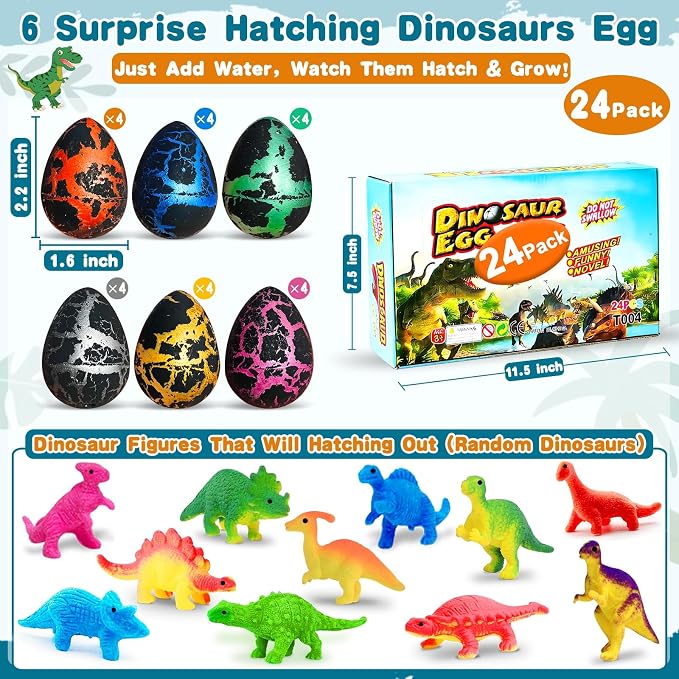 24 Pcs Large Hatching Dinosaur Eggs Easter Party Favors, Easter Egg Filled Toys for Kids Toddlers Grow in Water Dinos Egg Science Kits, Goodie Bag Stuffers, Classroom Prizes, Easter Basket Stuffers