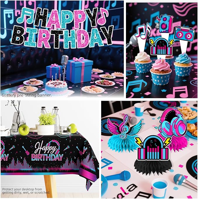 Karaoke Party Decorations for 25 Guests, 208PCS All-in-One Music Party Supplies Set with Banner, Backdrop, Balloons, Cake Toppers, Plates, Napkins and Tablecloth, Music Theme Birthday Decor
