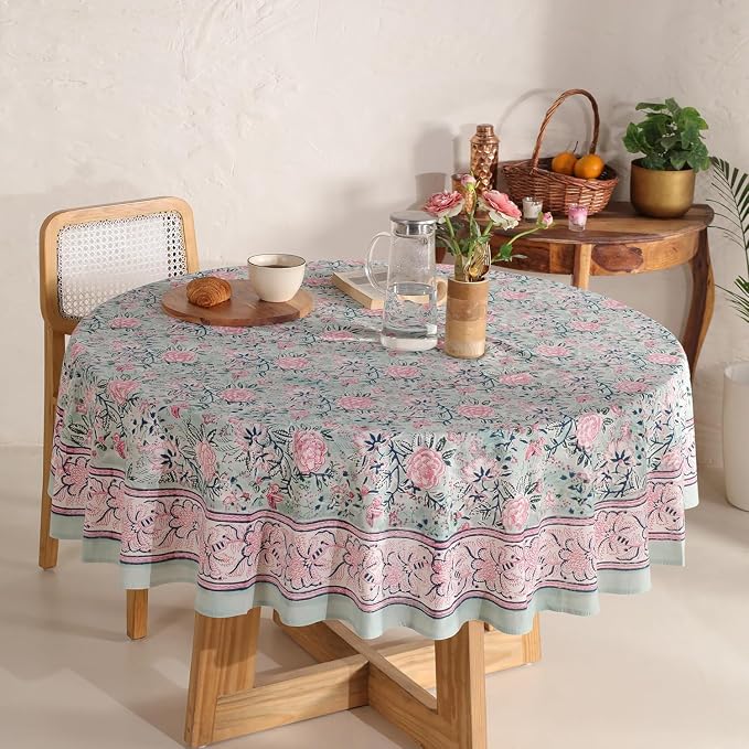 Hand Block Printed Tablecloth – Colorful Floral Print | 100% Cotton | Indian Artisan Handmade Art | Dining Room, Kitchen, Outdoor Décor, (Mint Green, 108 Inches Round)