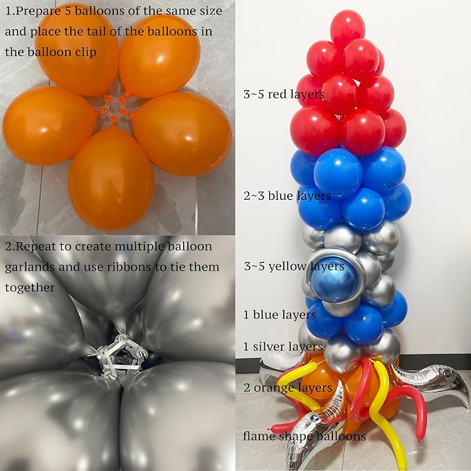 PartyXpress 117PCS Rocket Balloon Arch Garland Kit with Red Blue Orange Metallic Silver Balloons for Outer Space Theme Party Decorations, Rocketship Decor, Kids Birthday