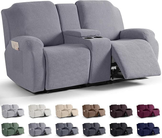 KinCam Loveseat Recliner Covers with Middle Console Slipcover, Recliner Sofa Covers 2 Seat Couch Cover Stripe Jacquard Furniture Protector Covers with Elastic Bottom for Kids, Pets (Light Gray)