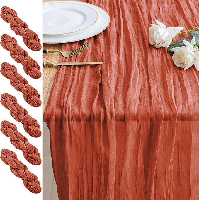 6PCS Table Runner Cheesecloth 10FT Terracotta Boho Gauze Cheese Cloth Rustic Sheer Table Runners for Wedding Bridal Baby Shower Party Decoration