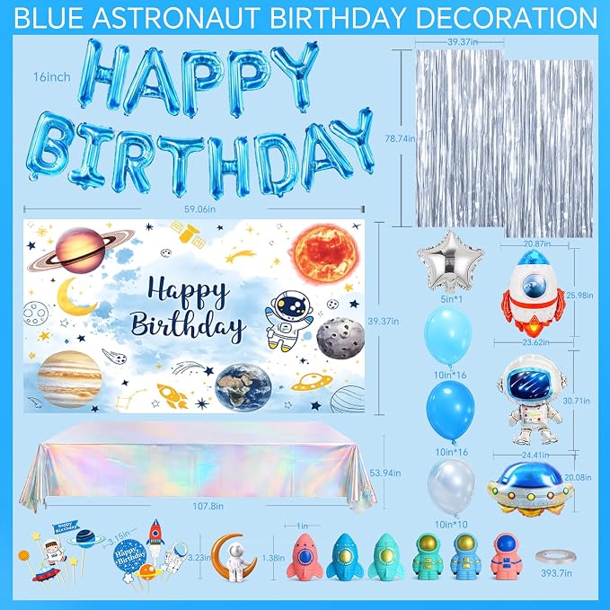 72Pcs Space Themed Party Decorations, Space Birthday Decor Set | Backdrop, foil balloons, rain curtains, tablecloth, toppers & pull-back vehicles