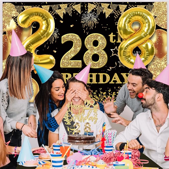 28th Birthday Decorations Men Women with 28th Birthday Banner, Black and Gold Table Cloth, Number Balloons, Large Sash, Cake Topper and Candles