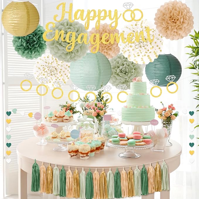 Kriyokiaa Engagement Party Decorations Sage Green Engaged Decorations with Gold Happy Engagement Banner, Includes Paper Pom Poms Paper Lanterns, Tassels for Couple Bridal Shower Decor