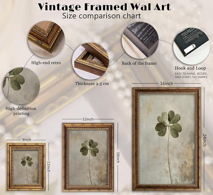 Vintage Gold Framed Vintage Plant Wall Art Four-leaf clover Canvas Wall Decor Retro Shamrocks Poster Print Artwork Patrick's Day painting Picture for Home Living Bedroom Farmhouse Hallway