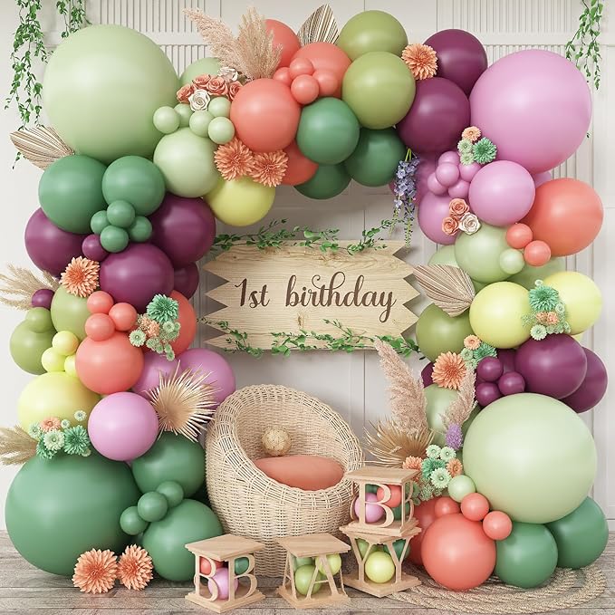 Pink and Green Balloons Arch Double Stuffed, Sage Olive Green Dusty Blush Pink Balloon Garland Yellow Plum Latex Balloon Different Sizes for Fairy Floral Wildflower Tropical Birthday Party Decorations