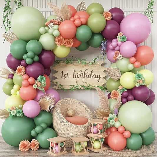 Pink and Green Balloons Arch Double Stuffed, Sage Olive Green Dusty Blush Pink Balloon Garland Yellow Plum Latex Balloon Different Sizes for Fairy Floral Wildflower Tropical Birthday Party Decorations