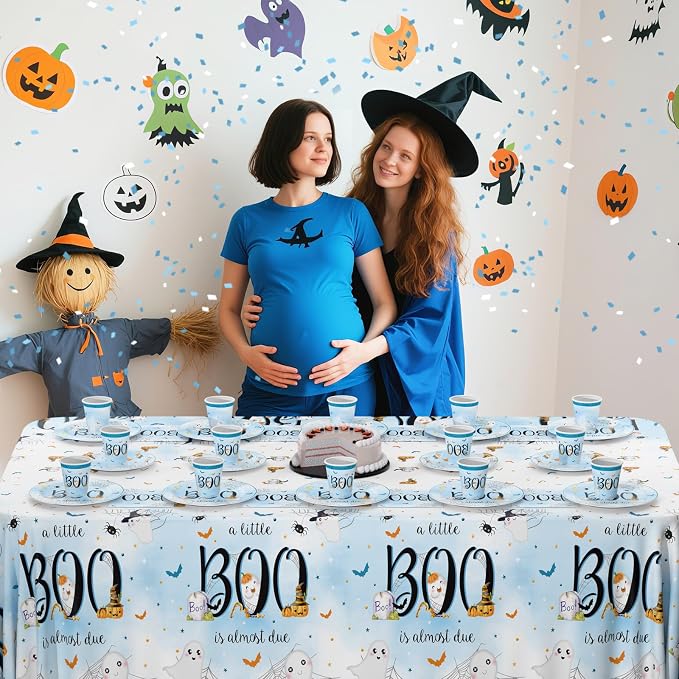 MEHOFOND Halloween Little Boo Baby Shower Decorations for Boy, A Little Boo is Almost Due Party Supplies Blue Disposable Tableware Set 169Pcs Plates Napkins Plastic Tablecloth for Baby Shower Party