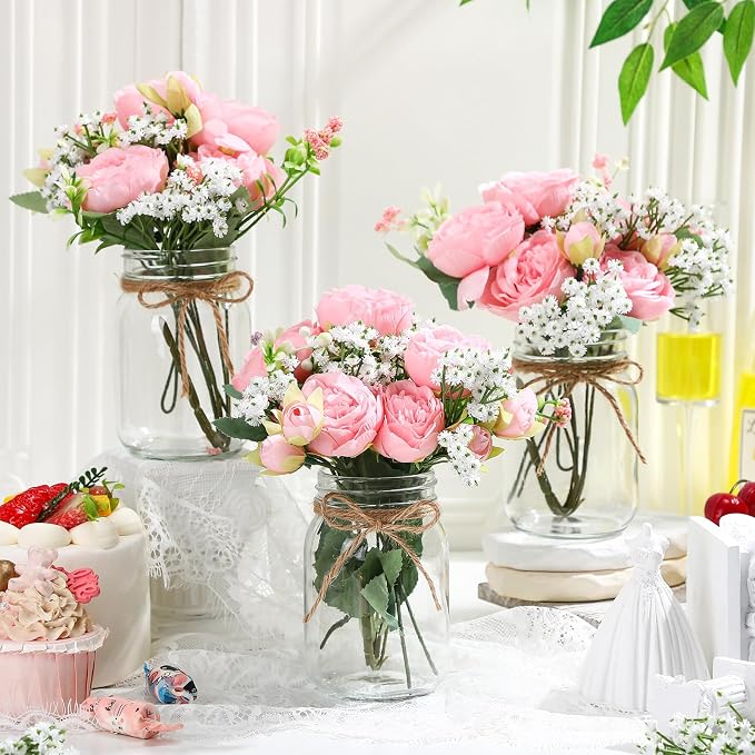 Zeyune 6 Sets Mason Jar Centerpiece Table Decorations, Artificial Peony Baby's Breath Flower Bouquets, Faux Flowers with Vase, Rustic Decor Gifts for Home, Wedding, Holiday (Light Pink)