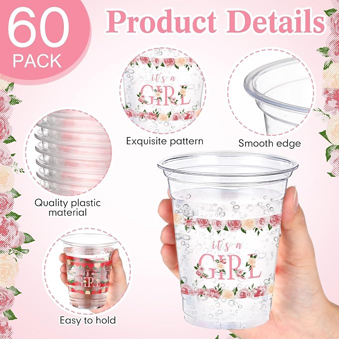 Funnymoom 60 Pack Floral Baby Shower Cups 12 oz It's a Girl Pink Floral Disposable Clear Plastic Drinking Cups for Baby Shower Gender Reveal Birthday Party Decorations Supplies