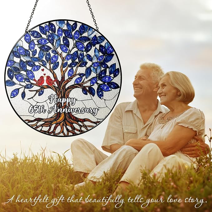 65th Wedding Anniversary Stained Glass Suncatcher, 6x6' Anniversary Decorations, 65th Celebration Marriage Gifts for Parents, Couple, Wife & Husband, 65 Wedding Milestone Keepsake