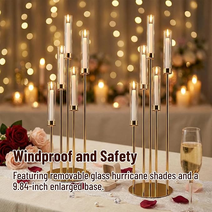 Gold Candelabra with Glass Cylinders for Real Candles 5 Arms Metal Candle Holder Wedding Event Party Home Decoration Centerpiece (2, L)