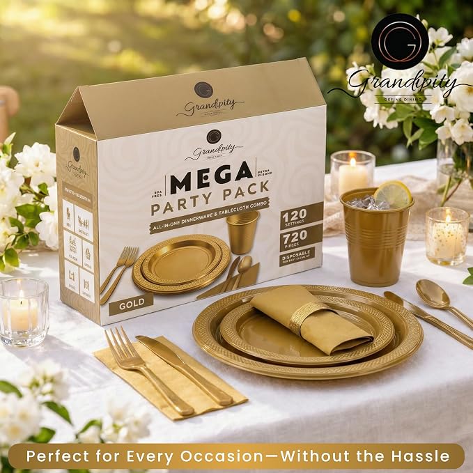 720 Piece Gold Disposable Dinnerware Set (120 Guests) Plastic Dinnerware Set Disposable - 120 Count, 9" Dinner Plates, 7" Dessert Plates, 12oz Cups, Forks, Knives & Spoons- Plastic Party Plates Set