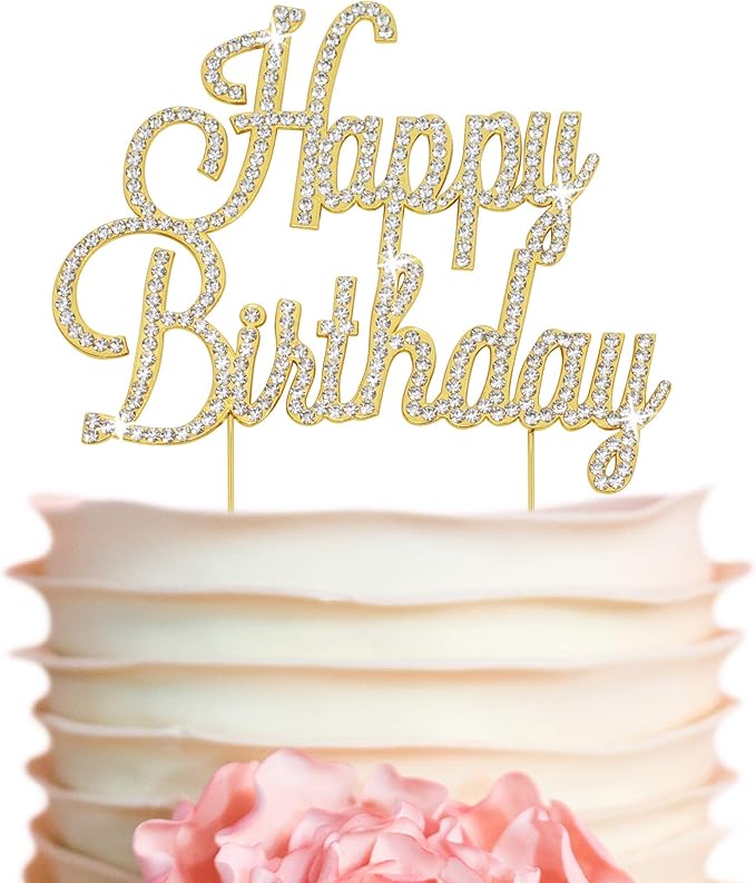 Happy Birthday Cake Topper - Premium Gold Metal - Happy Birthday Party Sparkly Rhinestone Decoration Makes a Great Centerpiece - Now Protected in a Box