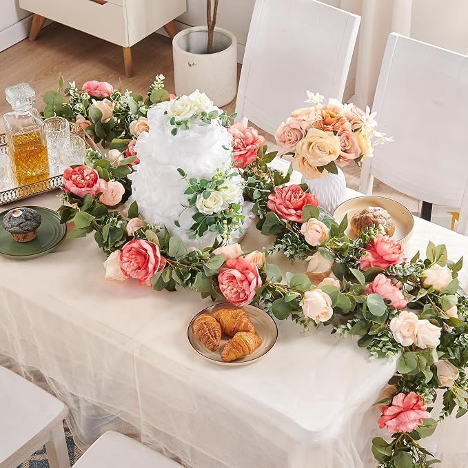 Artificial Flower Garland 3pcs 5.9ft Champagne Pink Floral Peony Vine Decor | PONKING Fake Rose Vine Flowers Hanging Faux Roses String for Room Party Home Wedding Birthday Wall Arch Decoration