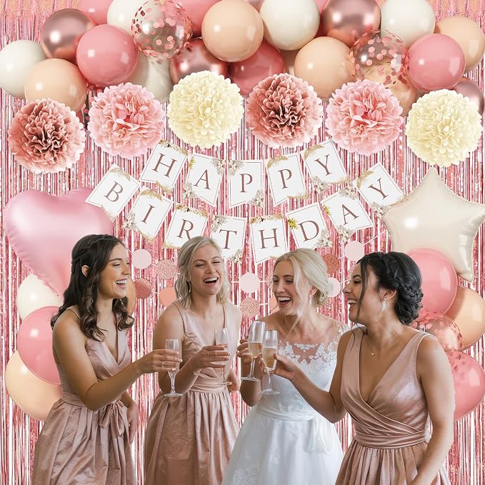 Jobkoo Pink Birthday Decorations for Women, Boho Dusty Pink Rose Gold Blush Beige Latex Balloons Happy Birthday Banner Foil Fringe Curtain Tissue Paper Pompom for Woman Girls Party Decoration Supplies