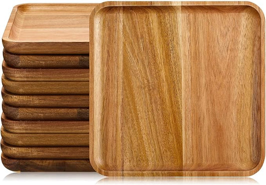 Didaey 10 Pcs Acacia Wood Square Plates 10" Wooden Plates Serving Trays for Meal Dishes Snack Dessert Easy Cleaning and Lightweight, No Dishwasher