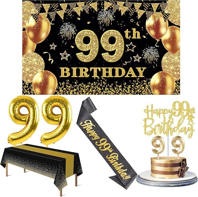 99th Birthday Decorations Men Women with 99th Birthday Banner, Black and Gold Table Cloth, Number Balloons, Large Sash, Cake Topper and Candles