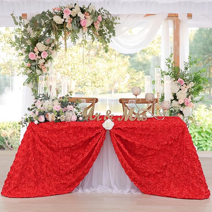 Red Flower Tablecloth 50x80 Inches Rosette Tablecloth Elegant Floral Satin Table Cover for Wedding Birthday Party Decorations