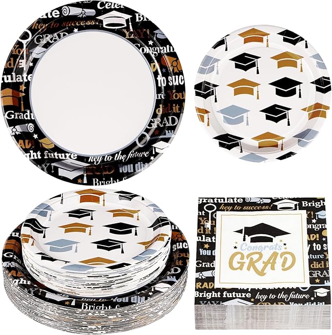 Grencian Graduation Decorations Class of 2026 200Pcs Graduation Plates and Napkins Disposable Congrats Grad Tableware Black Gold Graduation Party Supplies for 2026 Graduations Party, Serve 50