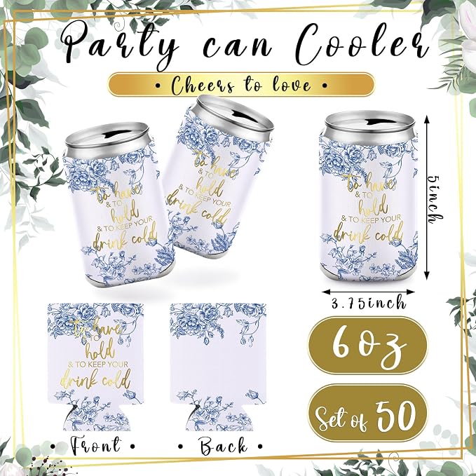 Hoteam 25 Sets Blue Floral Wedding Party Favors for Guests Bulk Including Can Cooler and Paper Folding Fans with Wedding Decor Table Sign Cheers to Love for Bridal Shower Party Souvenir