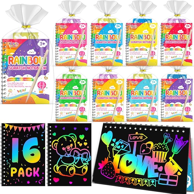 Scratch Paper Art Party Favors for Kids: 16 Pack Rainbow Scratch Notebook, Goodie Bags Stuffers Coloring Books Party Favors for Kids 3-12, Bulk Classroom Birthday Gifts for Student