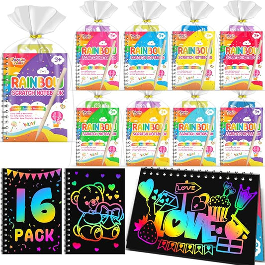 Scratch Paper Art Party Favors for Kids: 16 Pack Rainbow Scratch Notebook, Goodie Bags Stuffers Coloring Books Party Favors for Kids 3-12, Bulk Classroom Birthday Gifts for Student