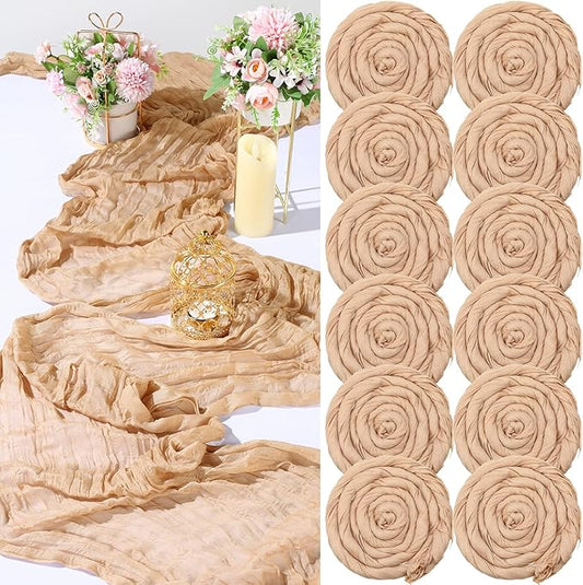 Buryeah 12 Pcs Cheesecloth Table Runner Boho Gauze Table Runner Bulk Rustic Cheese Long Romantic Runners for Wedding Bridal Shower Birthday Decor(Champagne,28 x 120 Inch)