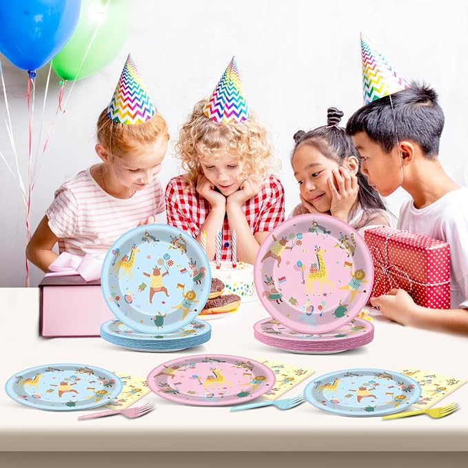96Pcs Animal Party Supplies Pastel Animal Paper Plates and Napkins Jungle Safari Theme Tableware Decorations Set for Kids Girls Birthday Baby Shower Celebration Party Favor Serves 24