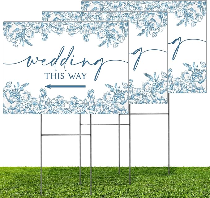 3 Pack 17''×12.5'' Wedding This Way Signs Double Sided Printed Wedding Directional Parking Sign with Stakes for Ceremony Reception Lawn Yard Arrow Signs Plastic Rainproof Party Supplies,Blue Floral