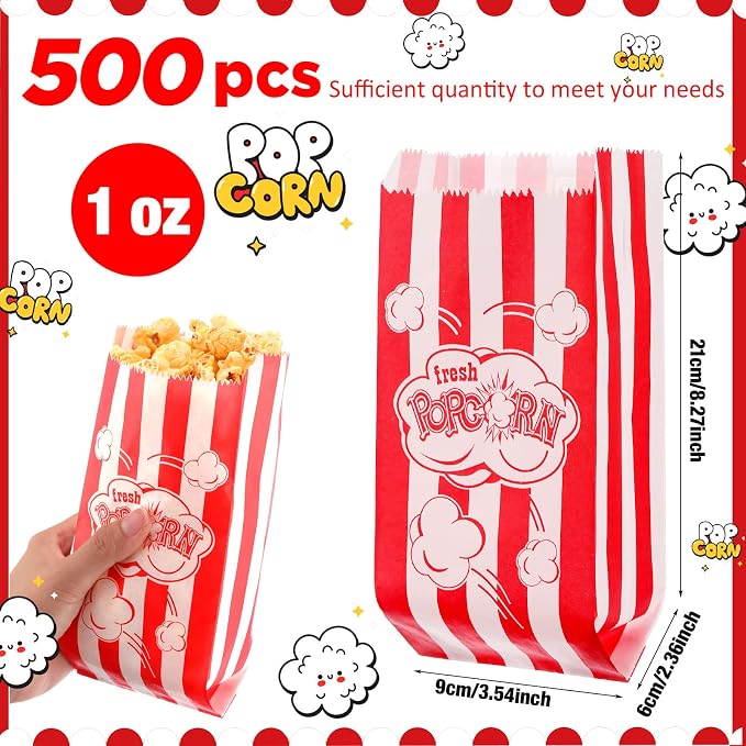 Potchen 502 Pieces Popcorn Machine Supplies Set Includes 500 Pcs 1oz Red and White Popcorn Bags Bundle Scoop and Stainless Steel Seasoning Dredge Salt Shaker for Party Movie Night Theater(Burst)