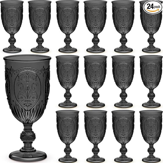 Wiwiqing 24 Pcs Plastic Goblets 7.5oz Vintage Goblet Plastic Wine Glasses Colored Retro Embossed Water Goblets for Wine Bar Juice Baby Shower Wedding Reception Grand Event Party (Black)