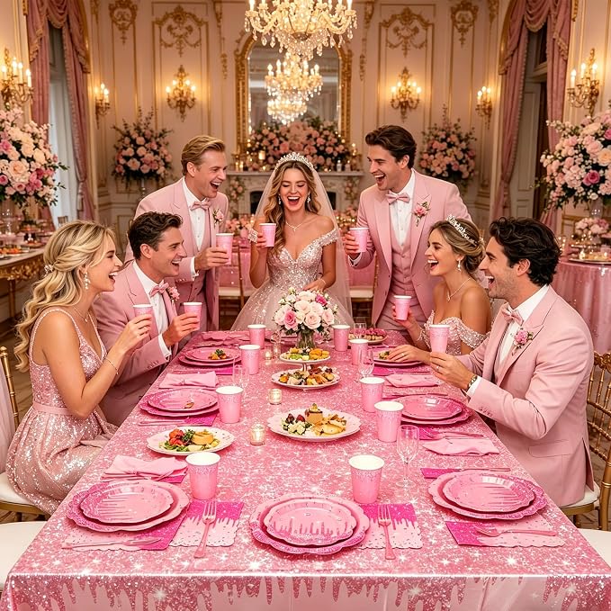 Pink Iridescent Plates and Napkins Party Supplies Set, Scalloped Disposable Plates Cups Napkins Forks Tablecloth, for Princess Birthday Baby Shower Bridal Shower Wedding Decorations, Serves 24 Guests