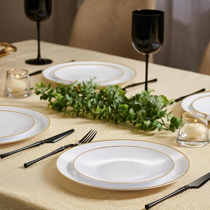 PLASTICPRO 64 Piece Combo Plates Set includes 32 7'' inch Plates & 32 10'' inch Plates White Plastic Organic Party Plates With Gold Rim, Premium heavyweight Elegant, Tableware, Dishes,