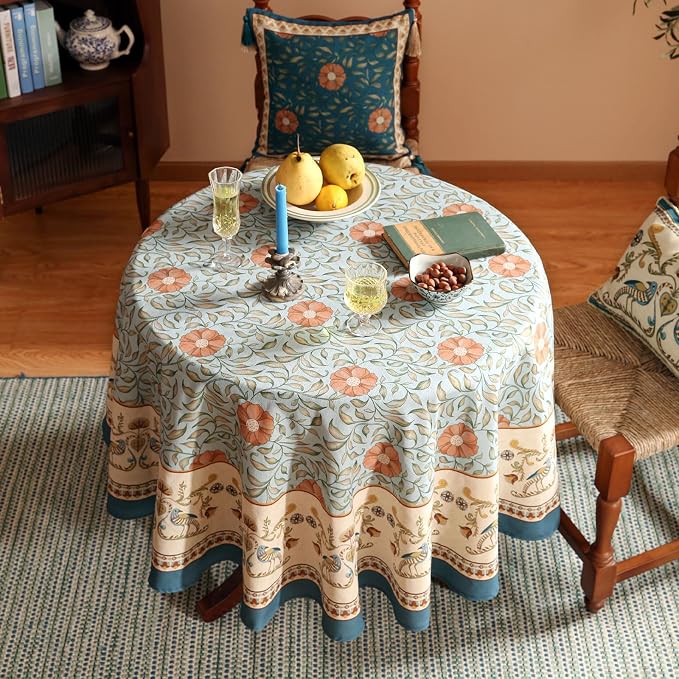 patdrea Vintage French Linen Tablecloth,Round,Diameter 67"-Wensel | Italian Provencal Table Cloth for Round Table,Colorful Floral Patterned,Dining Room Tea Party Thanksgiving Decor