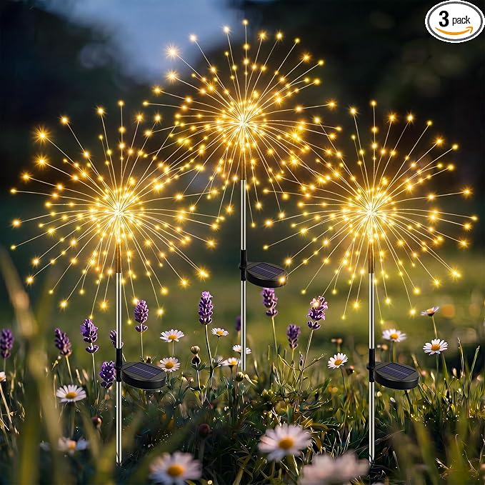 btfarm 3 Pack 120 LED Solar Garden Lights Outdoor, 8 Modes Firework Lights Solar Powered, Waterproof Twinkle Fairy Light Outside for Yard Patio Pathway Pool Christmas Party Decorative, Warm White