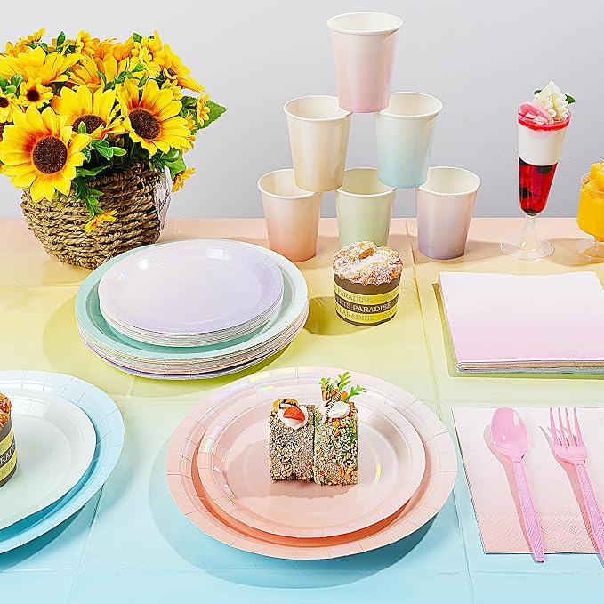 Iridescent Pastel Plates and Napkins Serve 25, Pastel Rainbow Holographic Party Plates Supplies, Disposable Paper Plates Napkins Cups Knives Forks for Birthday Wedding Baby Shower Party Decorations