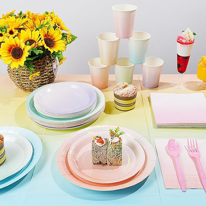 Iridescent Pastel Plates and Napkins Serve 50, Pastel Rainbow Holographic Party Plates Supplies, Disposable Paper Plates Napkins Cups Knives Forks for Birthday Wedding Baby Shower Party Decorations
