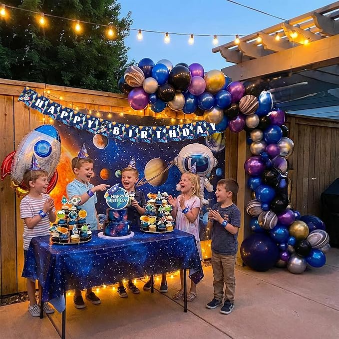 PTORZINY Outer Space Party Decorations, Astronaut Birthday Decorations, Space Decoration, Birthday Party Supplies Includes Space Balloons, Backdrop, Banner, Tablecloth, Cupcake Toppers