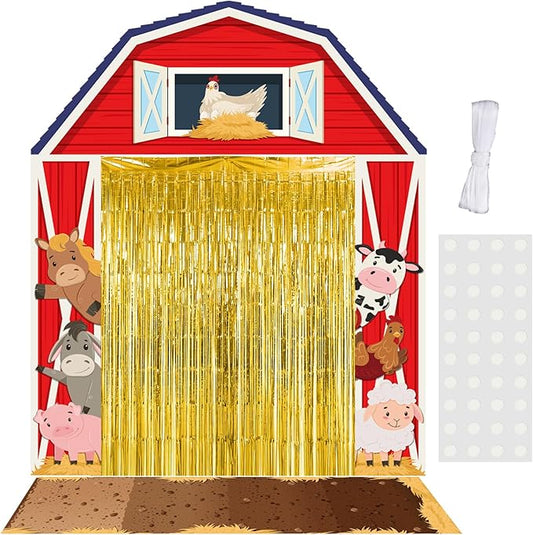 VitalCozy 7pcs Farm Animal Theme Party Decorations Farm Barn Party Porch Banners Yellow Rug Gold Foil Fringe Backdrop Curtains for Animal Birthday Barnyard Awning Photo Background Door Entryway Decor