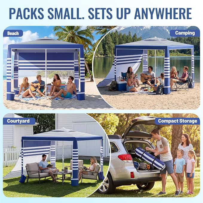 Beach Cabana, 8 x 8 ft Large Pop Up Beach Canopy Tent Sun Shelter for 6-8 Person Family, UPF 50+ UV Protection Beach Shade with Sidewall & Sandbags, Windproof Reinforced Poles for Beach Camping