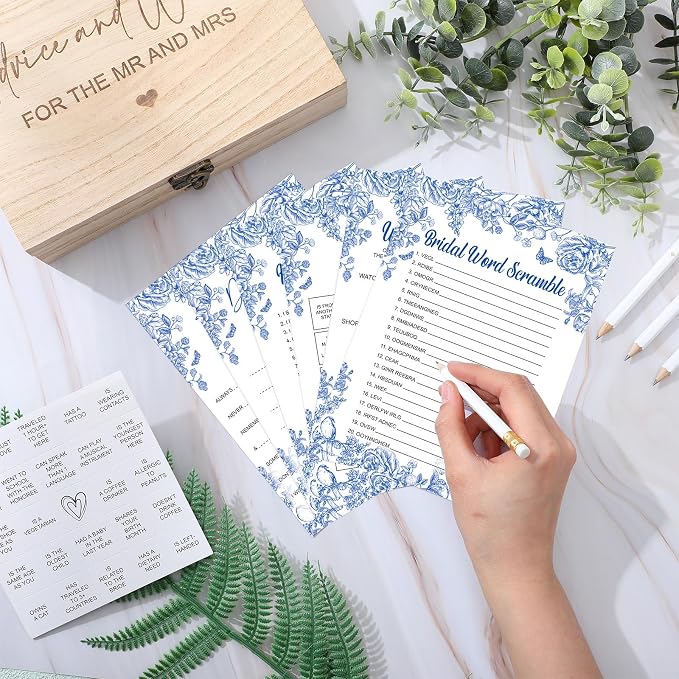 Silipull Bridal Shower Games Set for 50 Guests Includes Bingo, He Said She Said, Scramble, Would She Rather, Advice and Wishes Wedding Games Double Sided with Wooden Box, 20 Pencils(Blue Floral)