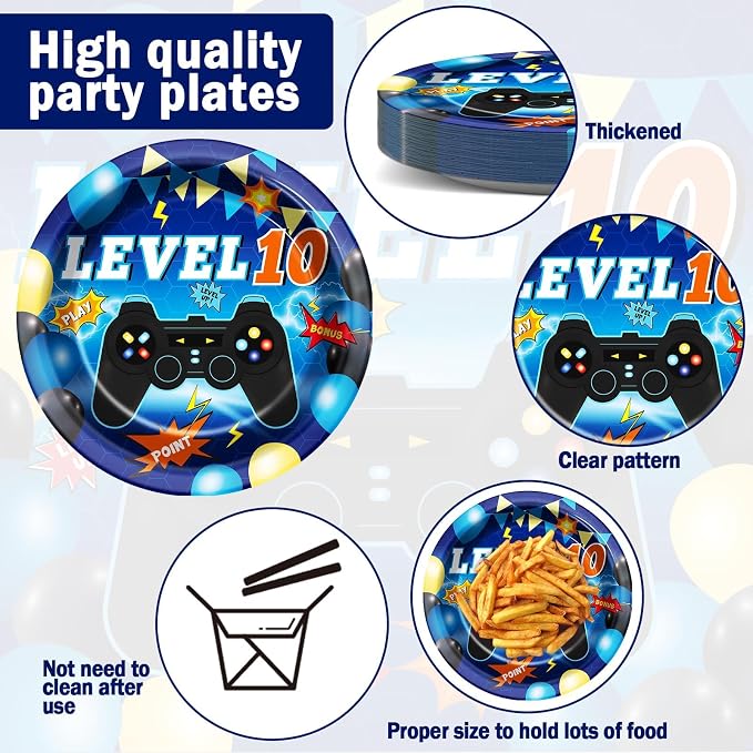 96Pcs Level 10 Plates and Napkins Sets Level Up 10 Unlocked Birthday Decorations 10th Birthday Plates for Boys Video Game Supplies 10th Blue Gaming Pattern Design Party Favors for 24 Guests